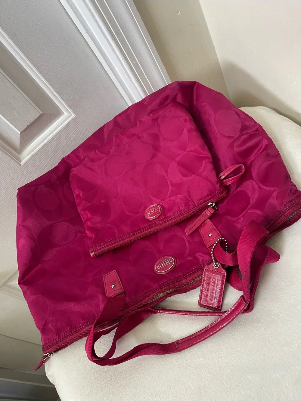 Coach Fuchsia Signature Nylon Getaway packable weekender Tote
